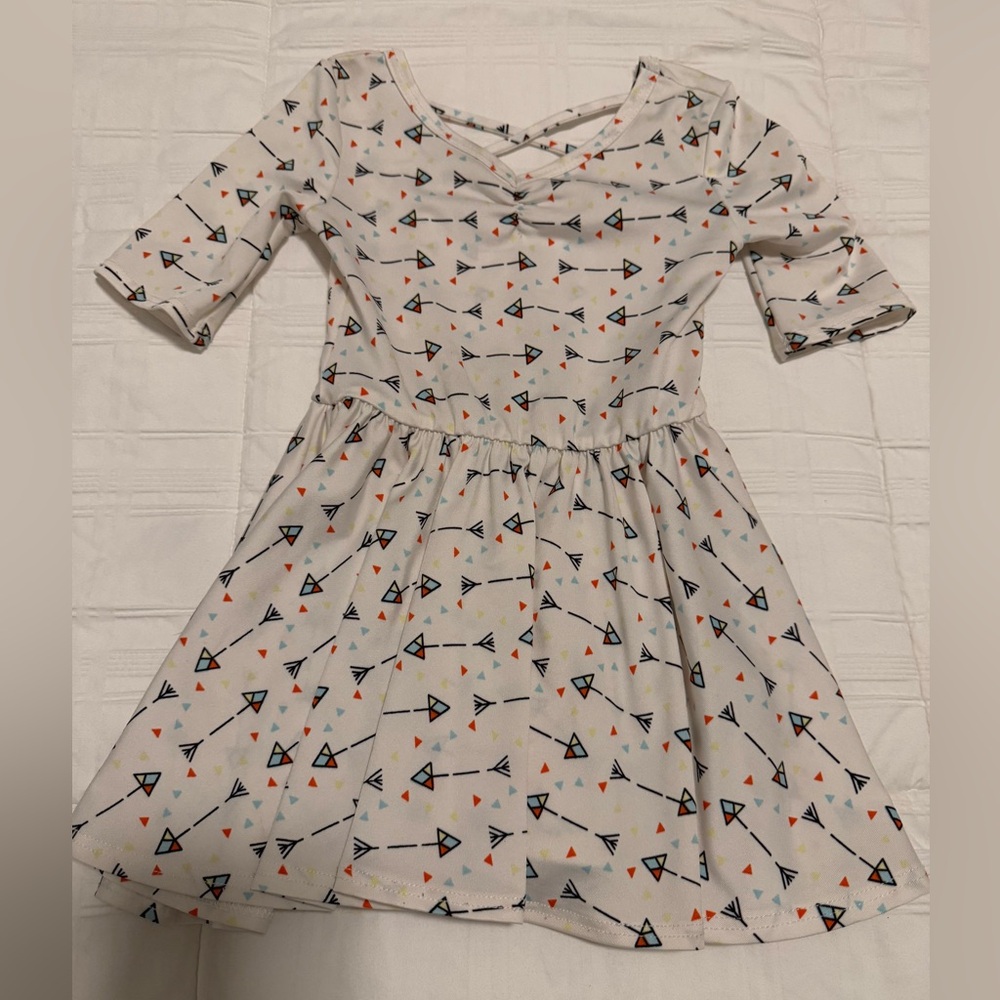 Dot Dot Smile White Geometric Fit and Flare Dress with Pleated Skirt